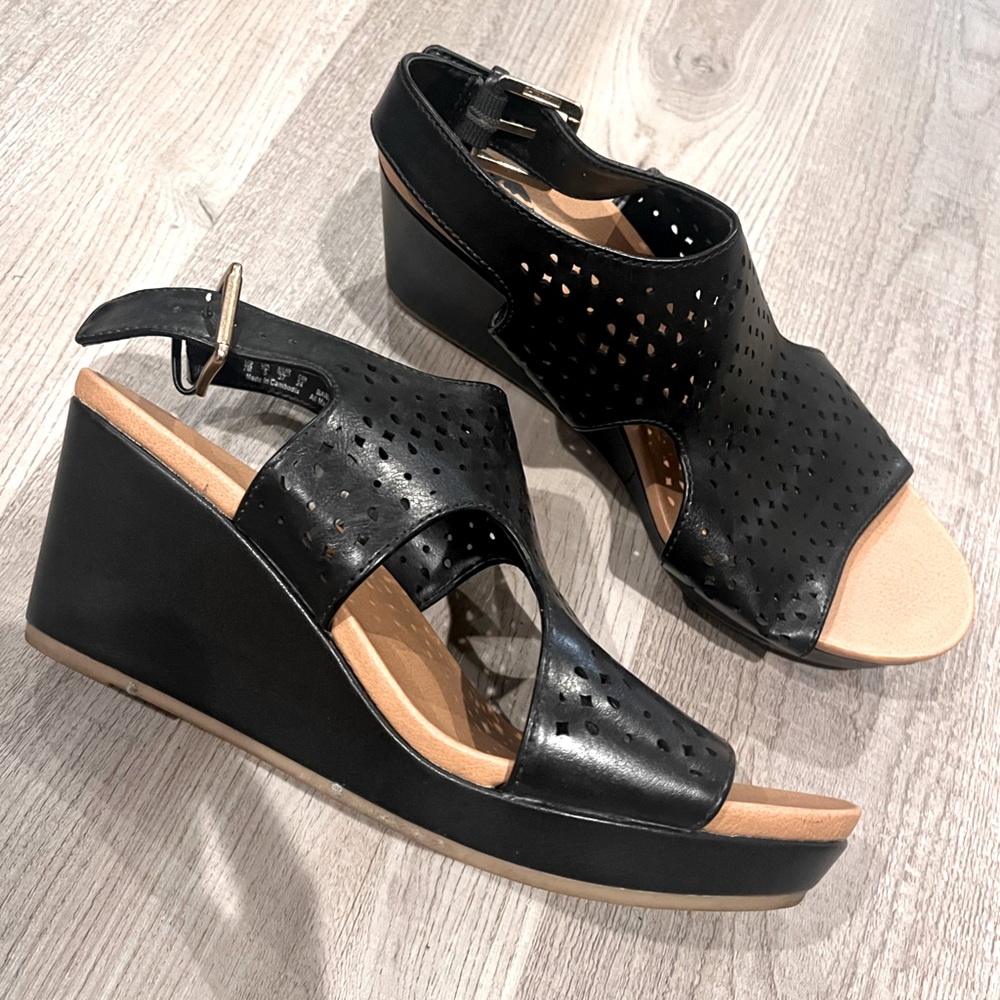 Dr Scholls Black Laser Cut Sandal Strapped Wedges Summer Comfortable Cute Spring